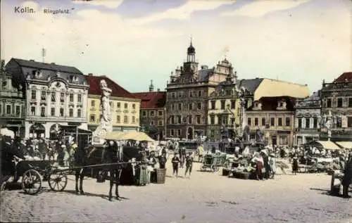 Ak Kolín Köln an der Elbe Mittelböhmen, Ringplatz, Bunte Farbigkeit, Marktaktivitäten, Historisch