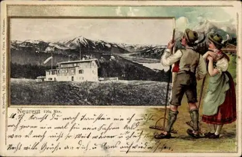 Präge Passepartout Ak Tegernsee in Oberbayern, Berg Neureuth, Neureut Haus, Paar in Tracht