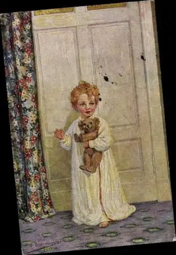 Künstler Ak R. Borrmeister, Guten Morgen, Kind im Nachthemd, Teddybär
