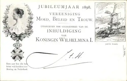 Ganzsachen Ak Amtseinführung Königin Wilhelmina, Porträt, Windmühle