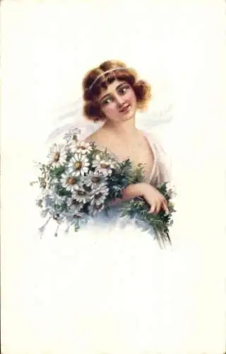 Künstler Ak Eine junge Frau mit einem Strauß Margeriten