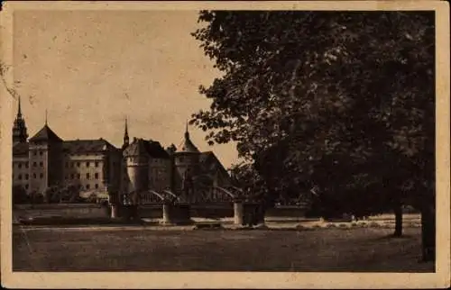 Ak Torgau an der Elbe, Schloss Hartenfels mit Elbbrücke