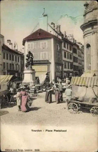 Ak Yverdon les Bains Kt. Waadt Schweiz, Place Pestalozzi, Statue