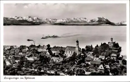 Ak Langenargen am Bodensee, Stadtansicht mit Häusern, Kirche, See, Berglandschaft, Dampfer