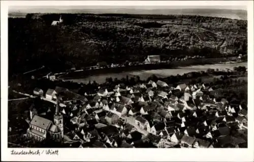 Ak Laudenbach am Main Unterfranken, Luftaufnahme von  Kirche, Häuser, Fluss
