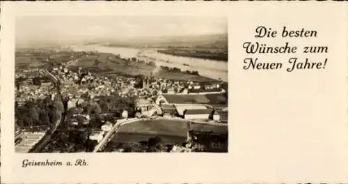 Ak Geisenheim am Rhein Hessen, Luftaufnahme von Geisenheim, Rhein, Neujahrswünsche