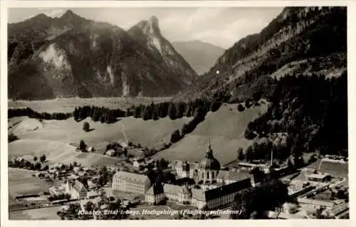 Ak Ettal Oberbayern, Kloster  bayr. Hochgebirge, Flugzeugaufnahme
