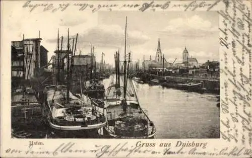 Ak Duisburg im Ruhrgebiet, Hafen, Schiffe, Häuser, Kirche
