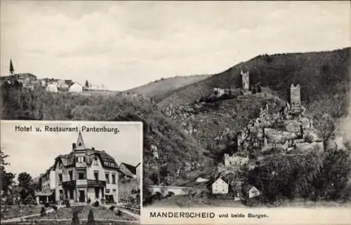 Ak Manderscheid in der Eifel, Hotel Pantenburg, Gesamtansicht mit beiden Burgen