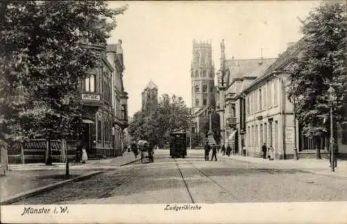 Ak Münster in Westfalen, Ludgerikirche, Apotheke,  Straßenbahn