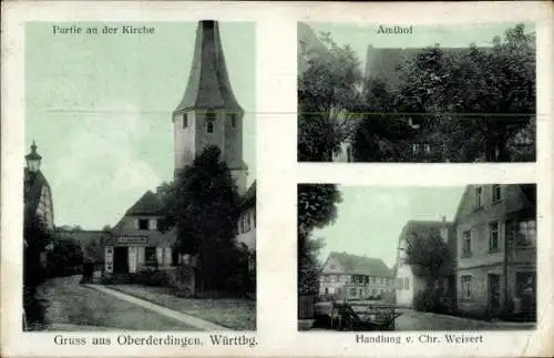 Ak Oberderdingen im Kraichgau Württemberg, Kirche, Amthof, Geschäftshaus Chr. Weisert