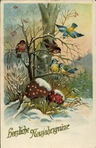 Ak Glückwunsch Neujahr, Pilze, Vögel, Schnee, Meisen
