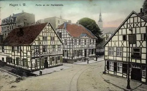 Ak Hagen in Westfalen, Historische Gebäude, Marktstraße, farbiges Bild, Kirche im Hintergrund
