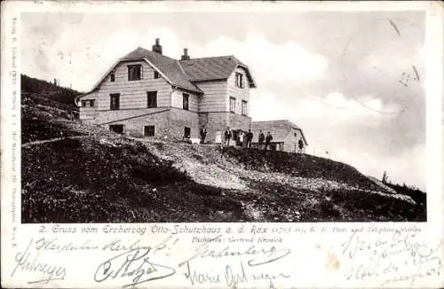 Ak Bergmassiv Rax Niederösterreich, Berglandschaft, Erzherzog Otto-Schulzhaus, Menschenansammlung