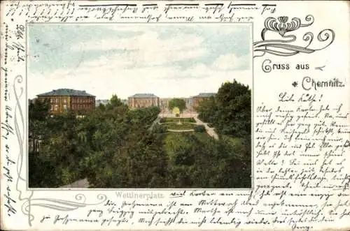 Ak Chemnitz in Sachsen, Wettinerplatz, Parklandschaft,  Gebäude, Gruss aus Chemnitz