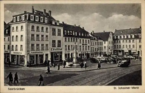 Ak St. Johann Saarbrücken im Saarland,  St. Johanner Markt,  Gebäude, Brunnen, Verkehr