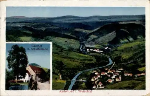 Ak Achdorf Blumberg am Schwarzwald, Gesamtansicht, Gasthof zur Scheffellinde