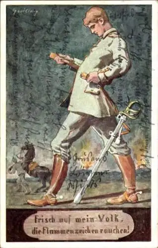 Künstler Ak Soldat zieht in den Kampf, Frisch auf mein Volk, die Flammenzeichen rauchen