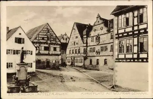 Ak Wolframs Eschenbach Mittelfranken, Marktplatz mit Wolframdenkmal