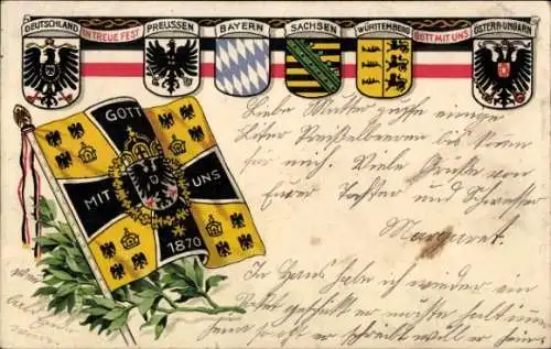 Wappen Ak Gott mit uns 1870, Deutschland, Preußen, Bayern, Sachsen, Württemberg, Österr Ungarn