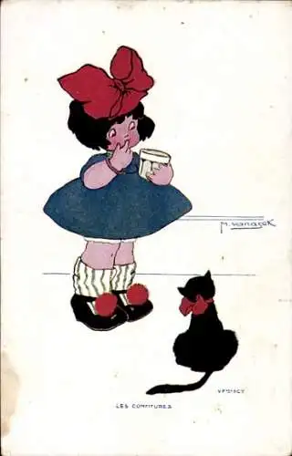 Künstler Ak Mädchen mit roter Schleife, schwarze Katze, Les Confitures