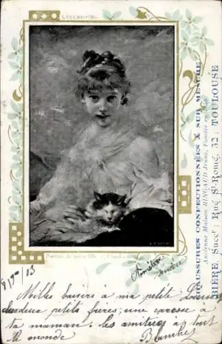 Künstler Ak Junge Frau mit Katze, Portrait