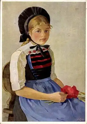 Künstler Ak Riggenbach, M., Mädchen in Tracht, Porträt, Blumen