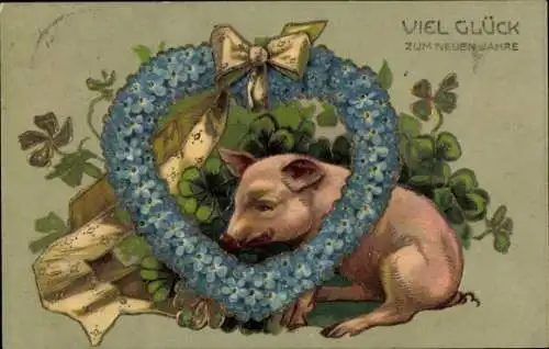 Präge Ak Glückwunsch Neujahr, Schwein, Glücksklee, Vergissmeinnicht