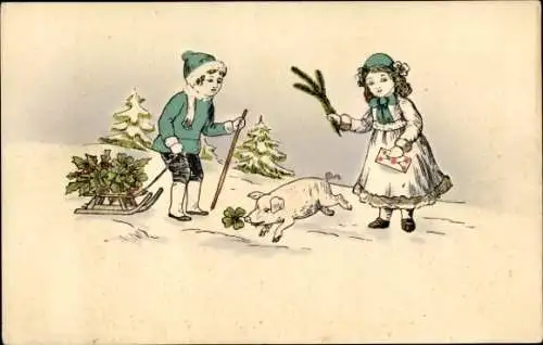 Litho Neujahr ?, Kinder, Schwein