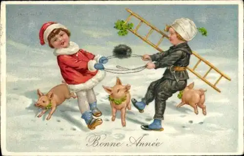 Ak Glückwunsch Neujahr, Kinder, Schweine, Schornsteinfeger