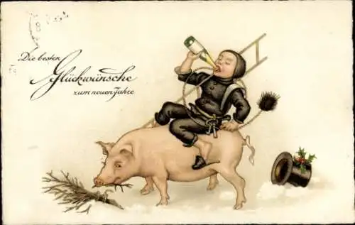 Ak Glückwunsch Neujahr, Sektflasche, Schwein, Schornsteinfeger, Zylinder