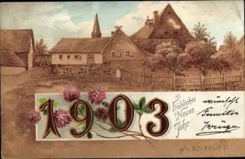 Ak Fröhliches Neujahr, Jahreszahl 1903, Klee, Dorfmotiv