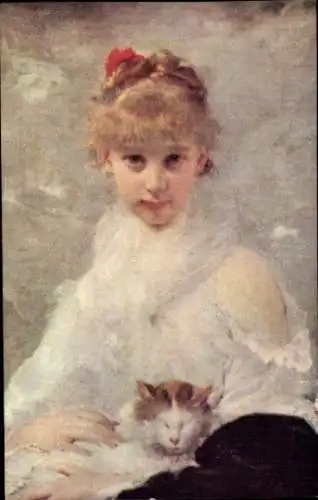 Künstler Ak Ch. Chaplin, Junges Mädchen mit Katze