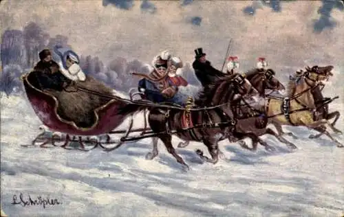 Künstler Ak Schröpler, Pferdeschlitten