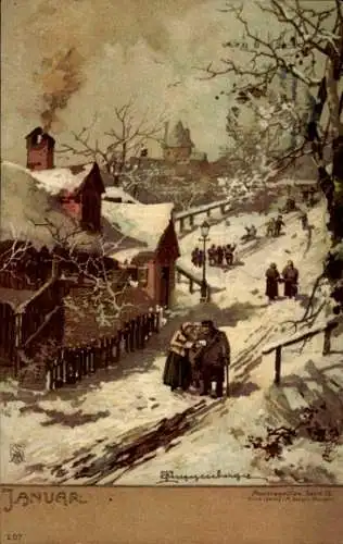 Künstler Ak Januar, verschneites Dorf