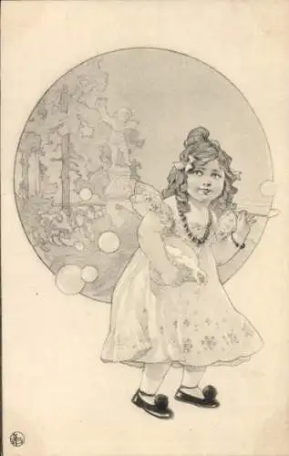 Künstler Ak Mädchen, Portrait, Seifenblasen