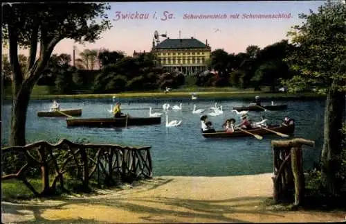 Ak Zwickau in Sachsen, Schwanenteich mit Schwanenschloss, Ruderer