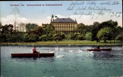 Ak Zwickau in Sachsen, Schwanenteich mit Schwanenschloss
