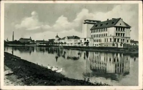 Ak Břeclav Lundenburg Südmähren, Flussufer, Gebäude