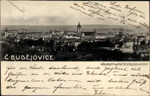 Ak České Budějovice Budweis Südböhmen, Stadtansicht von  an Herrn Franz Heidinger