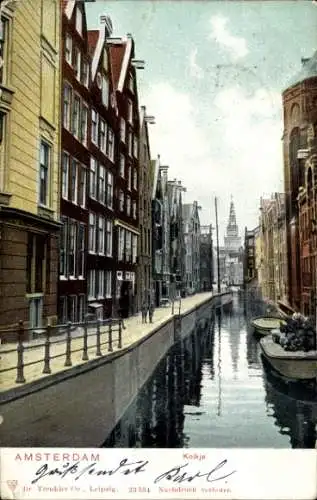 Ak Amsterdam Nordholland Niederlande, Kanalansicht, historische Gebäude, Brücke, Boote, Postka...