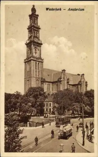 Ak Amsterdam Nordholland Niederlande, Westerkerk, beeindruckender Kirchturm, Straßenverkehr, h...