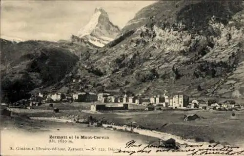 Ak Zermatt Kanton Wallis Schweiz, Berglandschaft, Mont Cervin,  Alt. 1620 m, Stadtansicht
