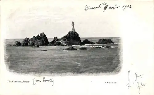 Ak Kanalinsel Jersey, Leuchtturm, Felsen, Ozean, gezeichnet, Schwarz-Weiß