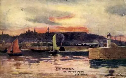 Ak Saint Peter Port Guernsey Kanalinseln, Hafenansicht, Boote im Wasser, Sonnenuntergang