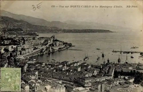 Ak Monte Carlo Monaco, Blick auf  Hafen, Berge, alte Architektur, Meer