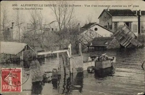 Ak Alfortville Val de Marne, Überschwemmte Umgebung, beschädigte Häuser, Boot auf Wasser,  Karte