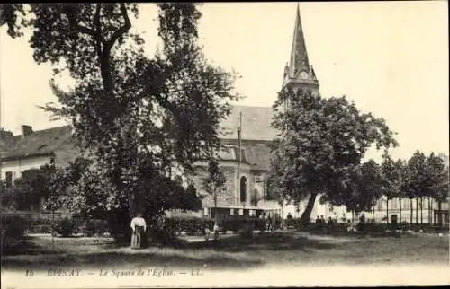 Ak Epinay sur Seine Seine Saint Denis, Kirche, Platz der Kirche, Bäume, Menschen