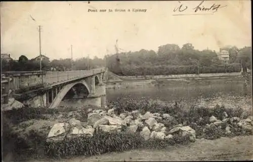 Ak Epinay sur Seine Seine Saint Denis, Brücke über die Seine, Landschaft, Wasser, Bäume, historis
