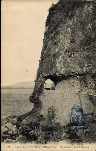 Ak Djidjelli Jijel Algerien, Tunnel in den Felsen, Meerblick